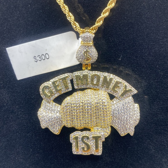 Get Money 1st | 14k Gold Two-Tone | High End CZ Pendant w 22’ Gold Rope Chain - Picture 1 of 6